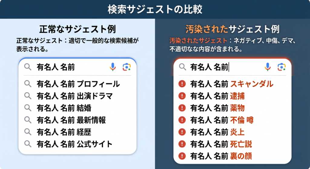 通常のGoogleサジェストと汚染されたサジェストの比較イメージ図