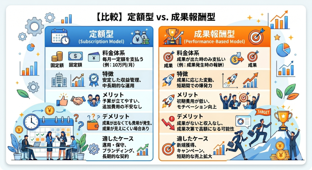 Yahoo!サジェスト対策の料金体系比較：定額型と成果報酬型のメリット・デメリット