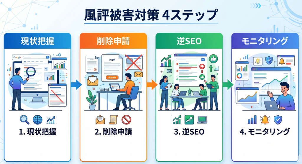 現状把握→削除申請→逆SEO→継続監視の4ステップを矢印でつないだ横型フロー