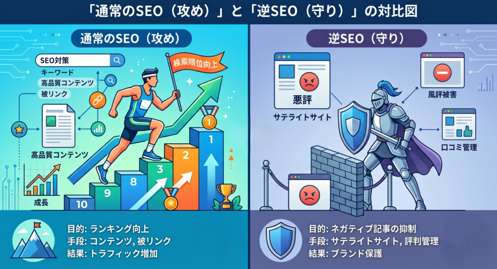 通常のSEOと逆SEOの違いを示した概念図