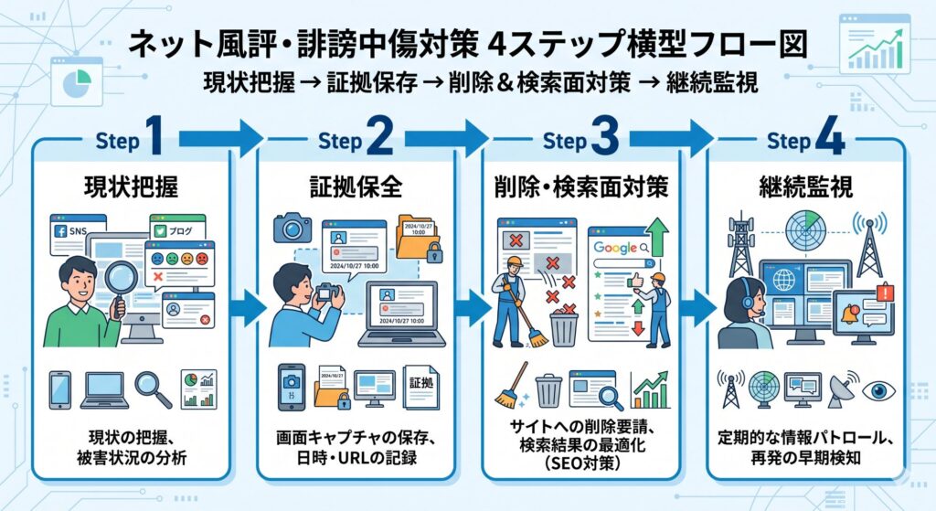 誹謗中傷リスク対策の4ステップ:現状把握→証拠保全→削除・逆SEO→継続モニタリングのフロー図