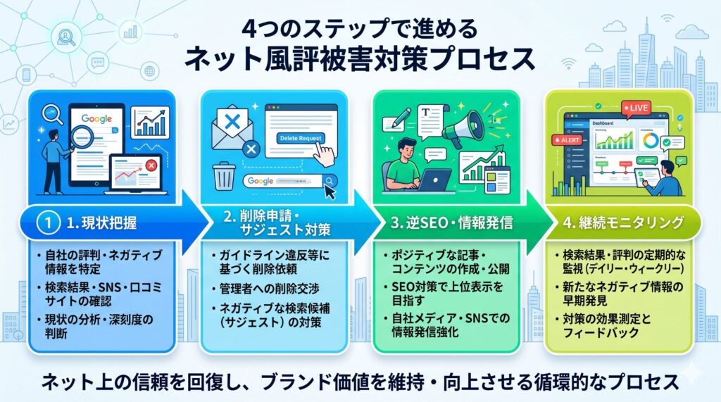 ネット風評被害対策の4ステップ：現状把握→削除申請・サジェスト対策→逆SEO→継続モニタリングのフロー図