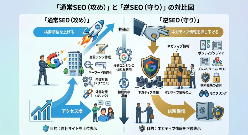 通常SEOと逆SEOの違いを示した対比図