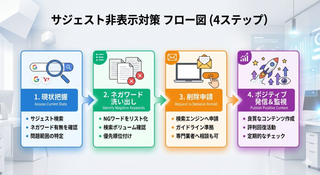 自分でできるサジェスト対策の4ステップフロー図