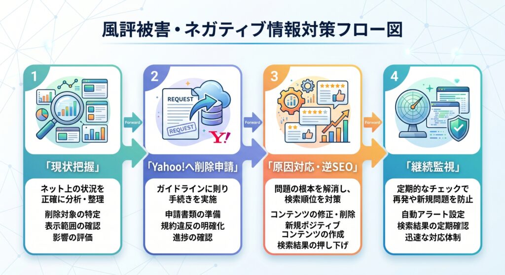 Yahoo!サジェスト汚染対策の4ステップ：現状把握→削除申請→原因対応・逆SEO→継続監視のフロー図