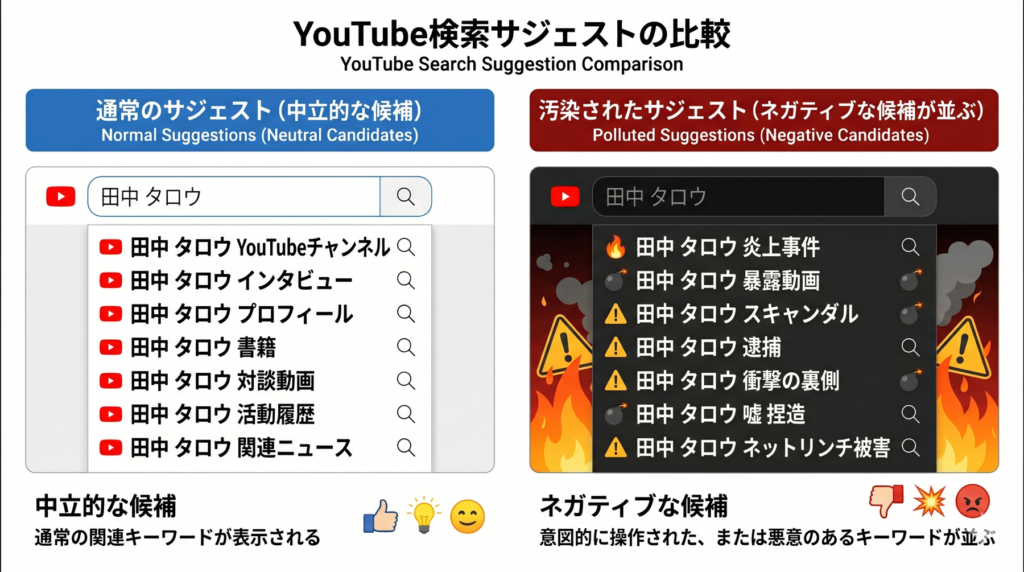 YouTube検索窓にネガティブな候補が表示されている状態を示す比較図
