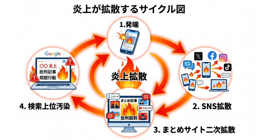 ネット炎上が企業の評判に与えるダメージが拡大するサイクル図