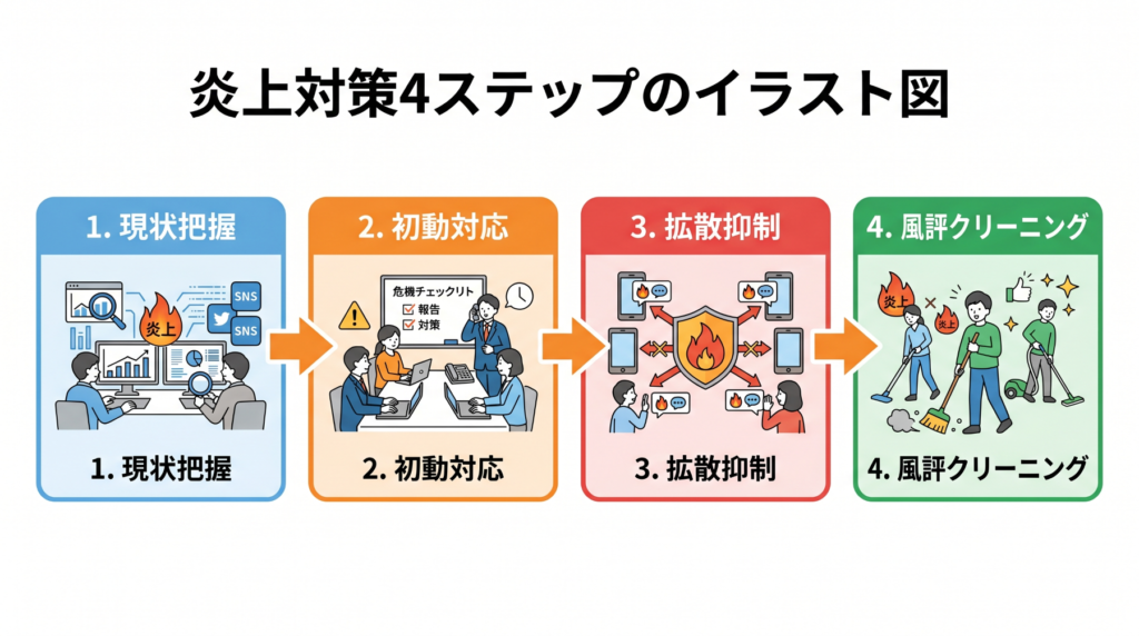 企業炎上対策の4ステップ：現状把握→初動対応→拡散抑制→風評クリーニングのフロー図