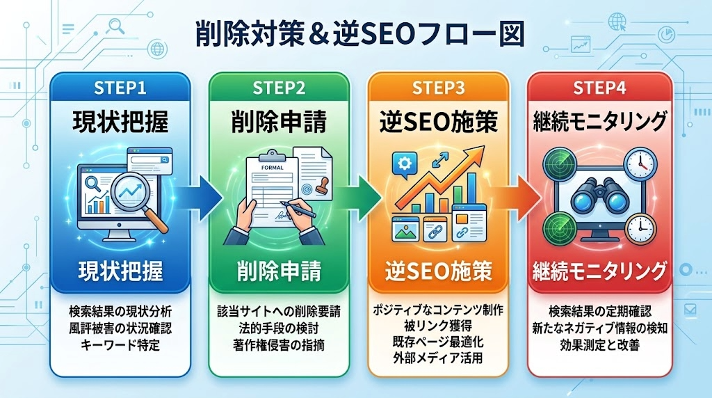 bingサジェスト汚染対策の4ステップ:現状把握→削除申請→逆SEO施策→継続監視のフロー図